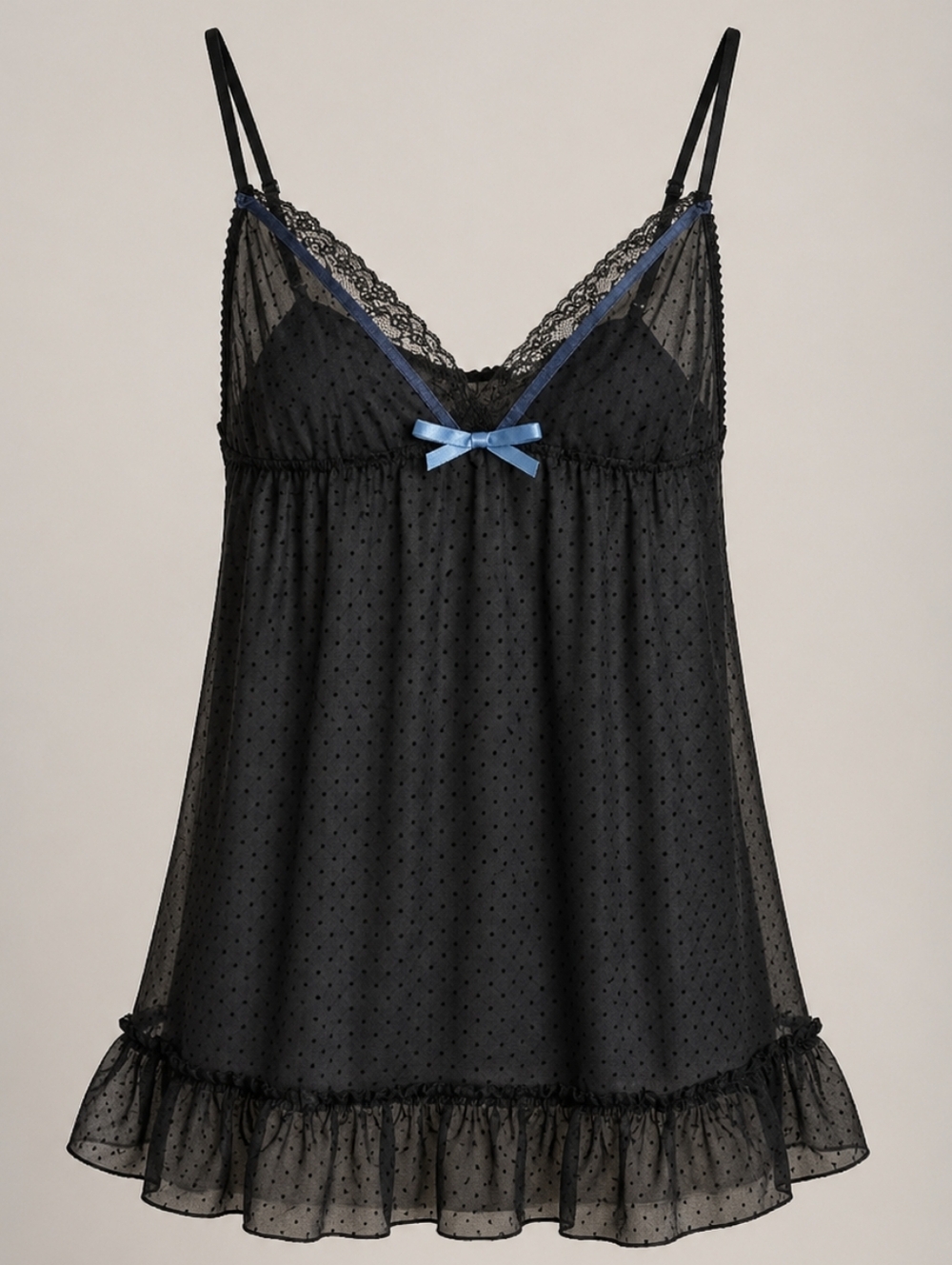 GapBody Black Sheer Polka Dot Lace Trim Babydoll Chemise Slip Top Medium Y2K Era